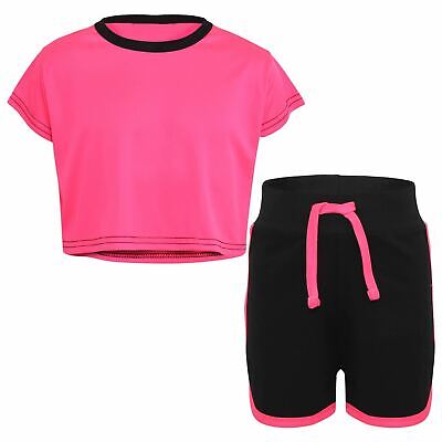 Kids Black Neon Pink Crop Top And Shorts Set Active Wear Summer Girls Age 5-13 y