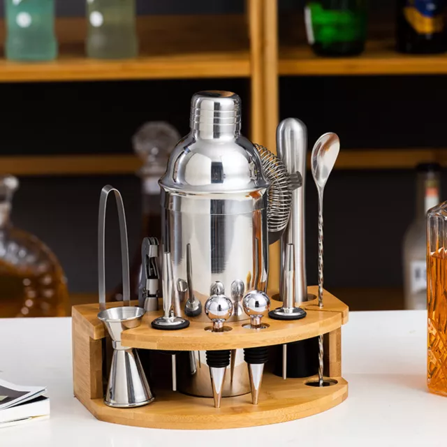 12 hochwertiges Cocktail Shaker Set mit 11 Edelstahl-Zubehör Bambusständer