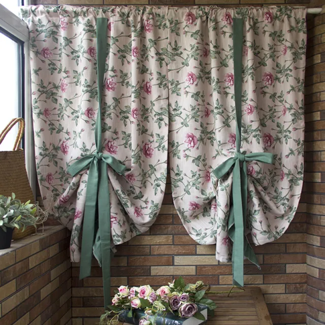 Rose Country Flower Cotton Linen Curtain Coffee Door Tie Curtains Short Curtains