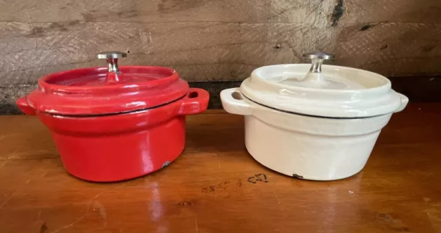 2 Mini Small Cast Iron Enamel Round DUTCH OVEN Red & White