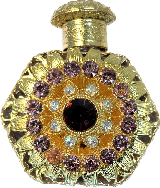 Golg Embossed Tiny Perfume Bottle With  Purple & Clear Rhinestones 