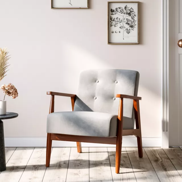 Upholstered Linen Fabric Button Wooden Frame Armchair Lounge Chair Fireside Sofa