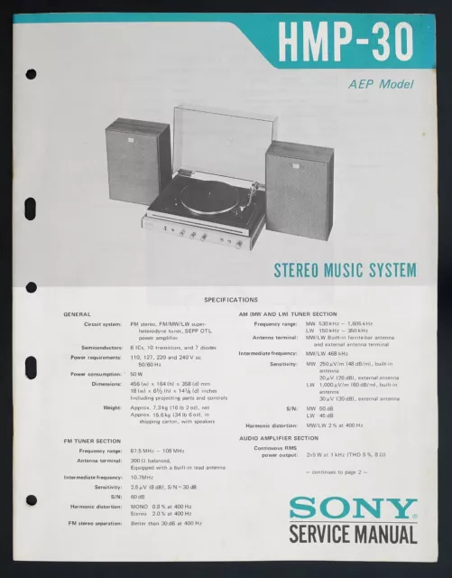 Original SONY HMP-30 Stereo Music System Service-Manual/Diagram/Part List o130