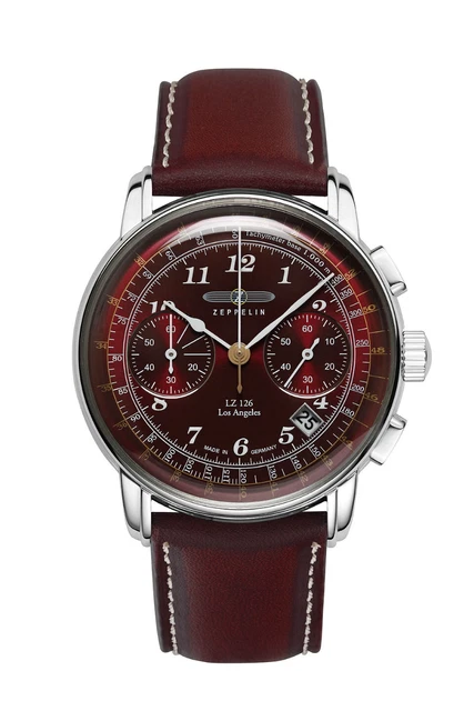 Orologio Zeppelin Los Angeles Chronograph Quarzo Acciaio Rosso Pelle 7614-6