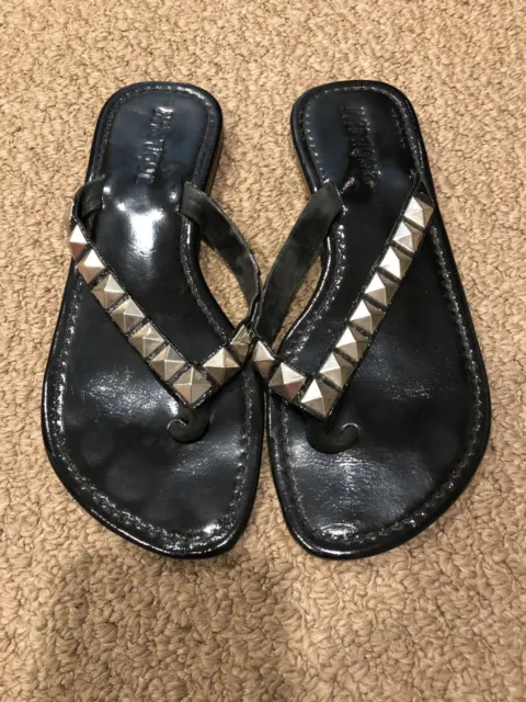 Mystique Black Patent Leather Flip Flop Sandals With Silver Studs- Size 7