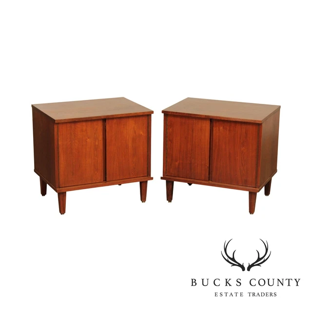 Mid Century Modern Pair Walnut 2 Door Nightstands