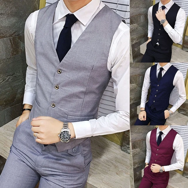 Mens-Formal Casual Completo Tuxedo Abito Gilet & Cravatta Cerimonia Matrimonio