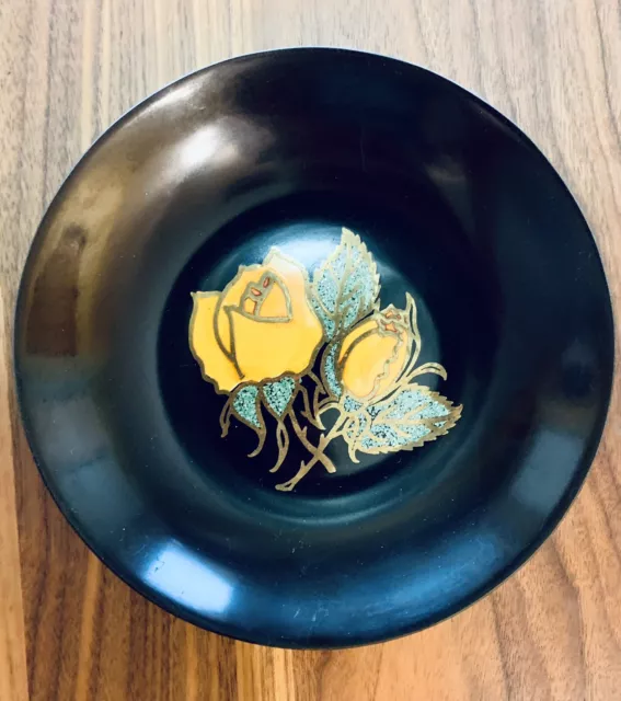 Vintage MCM Couroc of Monterey Yellow Rose Flower Inlay Shallow Bowl 7.75”