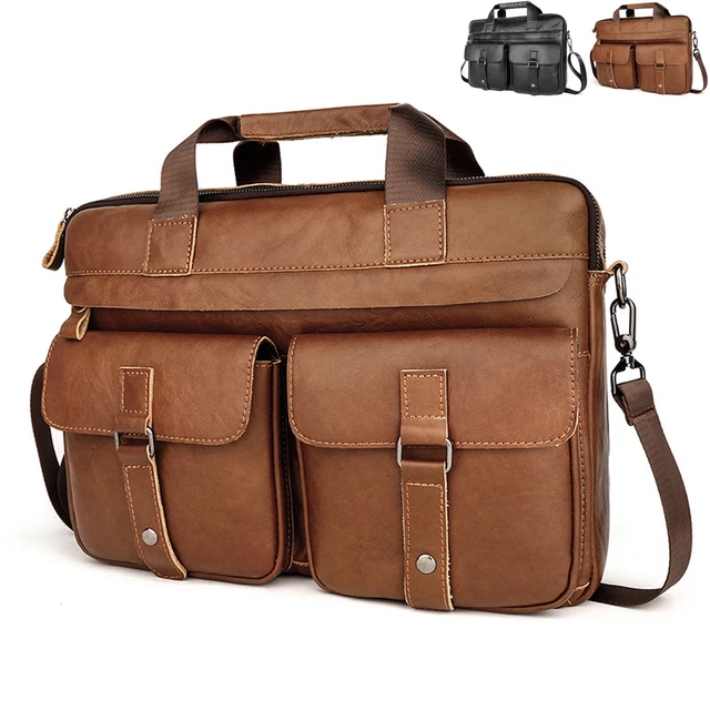 Genuine Vintage Mens Leather Bag Large Messenger Shoulder Laptop Bag Briefcase