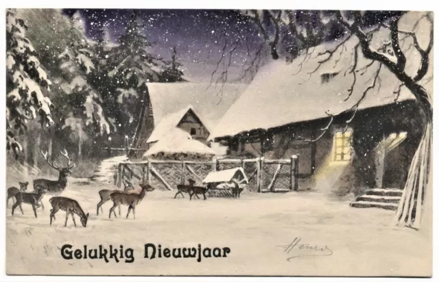 AK Neujahr, Rehe u. Hirsch, Winterlandschaft, Haus, Futterkrippe