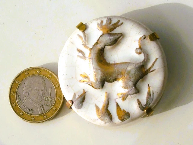 Broche Ancienne En Céramique Peinte – Décor Oiseaux Vintage Années 1950 – Occasion