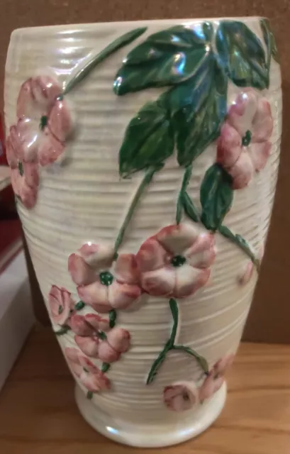 Vintage MALING, Rich Lustre Ribbed 8” Pink Apple Blossom Vase c.1950's