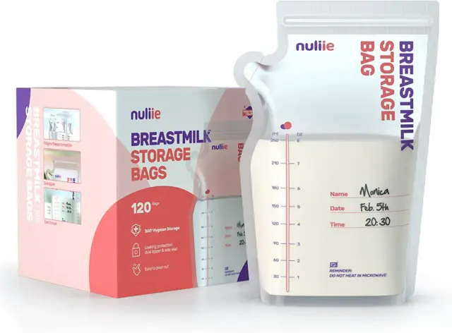Bolsas de almacenamiento de leche materna Nuliie 120 piezas, 250 ml de almacenamiento de leche materna preesterilizada