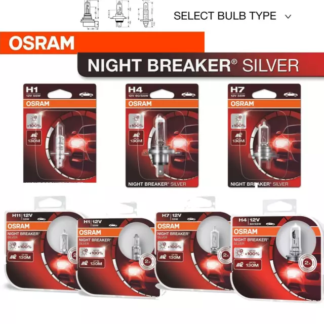 Osram Night Breaker® Silver +100% Brighter Halogen Upgrade Bulbs H1 H4 H7 H11