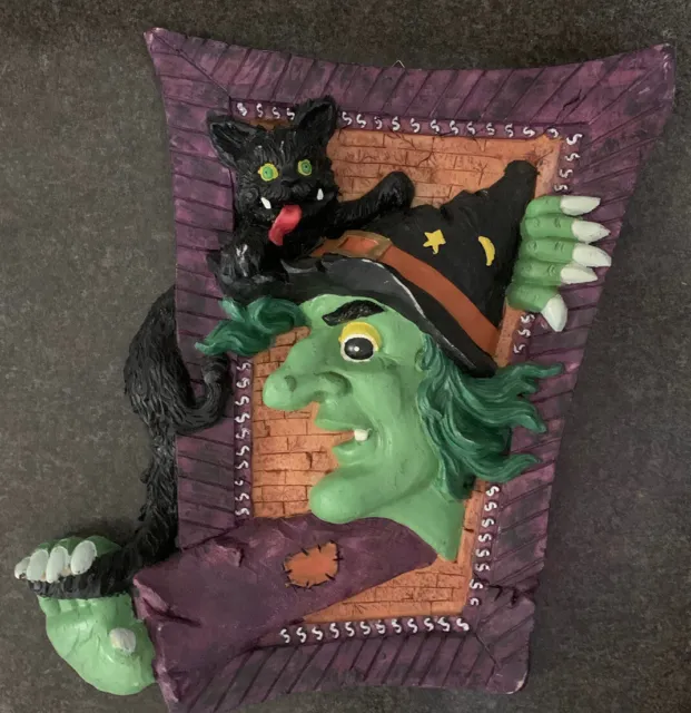 Vintage 2001 Spooky Hollow 3D Spookey Wall Plaque Halloween Witch Black Cat 2