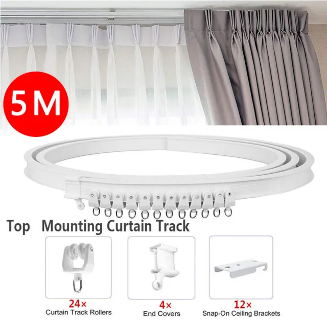 Flexible Bendable Ceiling Curtain Track, White Curved Ceiling Mount Curtain Rail with Hooks & Accessories Set (5M/16.4ft), Size: Length: 5m/16.4ft (