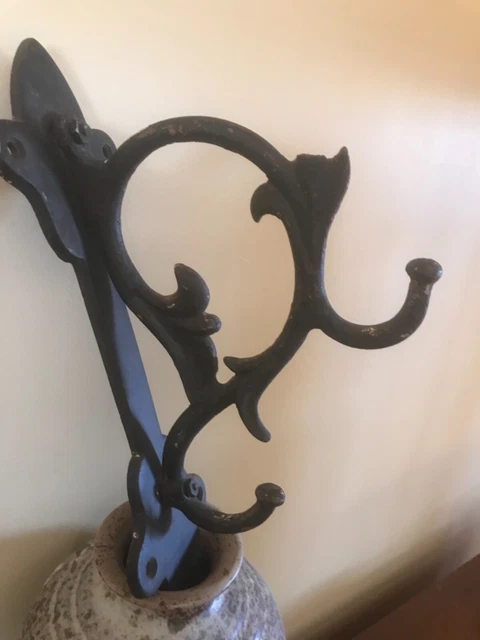 Vintage Antique  WROUGHT IRON WALL 2 HOOK  HANGER  11" tall 2