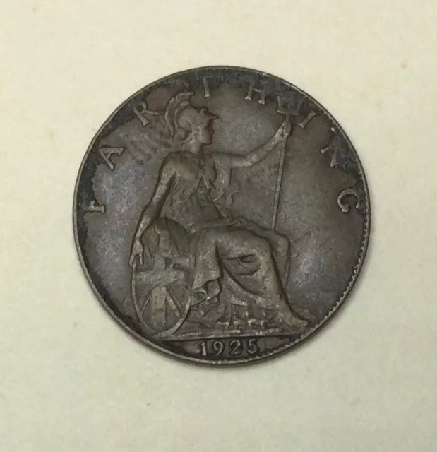 1925 King George V GREAT BRITAIN  ENGLAND FARTHING. BEAUTIFULLY DETAILED.