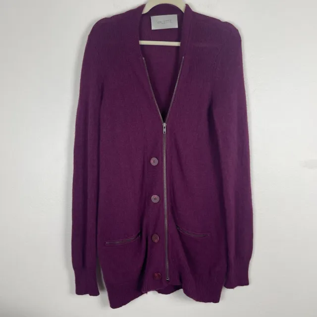 Valette Sweater Womens Medium Purple Soft Cashmere Zip Grandpa Button Cardigan