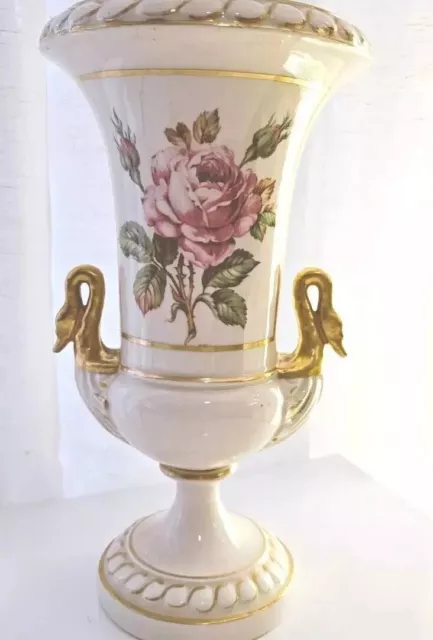 Porcelain Antique Vase Pink Rose Floral Flower Gold Gilt Swan Head Handles 11”