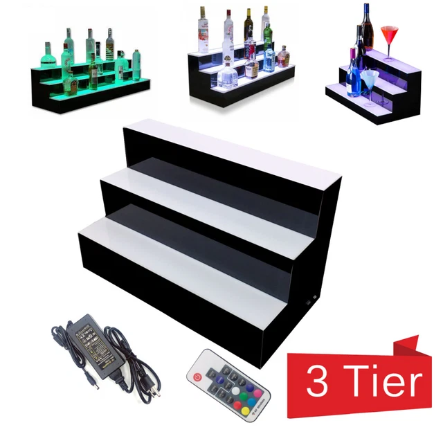 3 Tier Step LED Lighted Back Bar Liquor Bottle Shelf Glowing Display Stand Rack