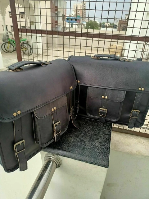 Fabriqué à la main 15" Grand 3 Sac de selle Moto en cuir noir Bagage...