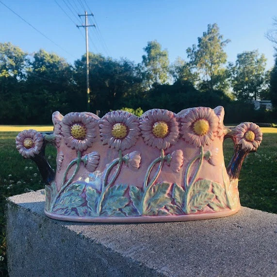 ANTIQUE MAJOLICA FRENCH Barbotine Vase Planter Jardiniere Daisy Handle