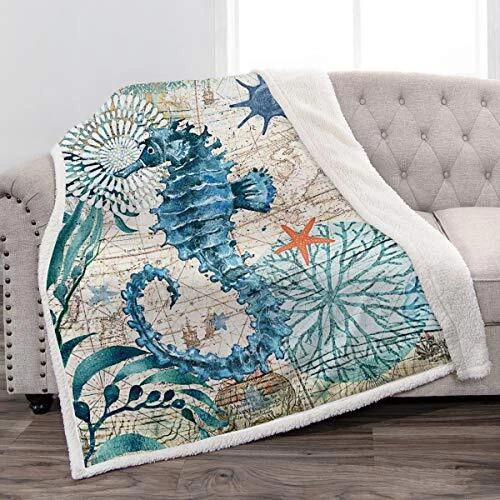 Sea Horse Sherpa Blanket - Soft Ocean Style Throw - Gift - 50"x60"
