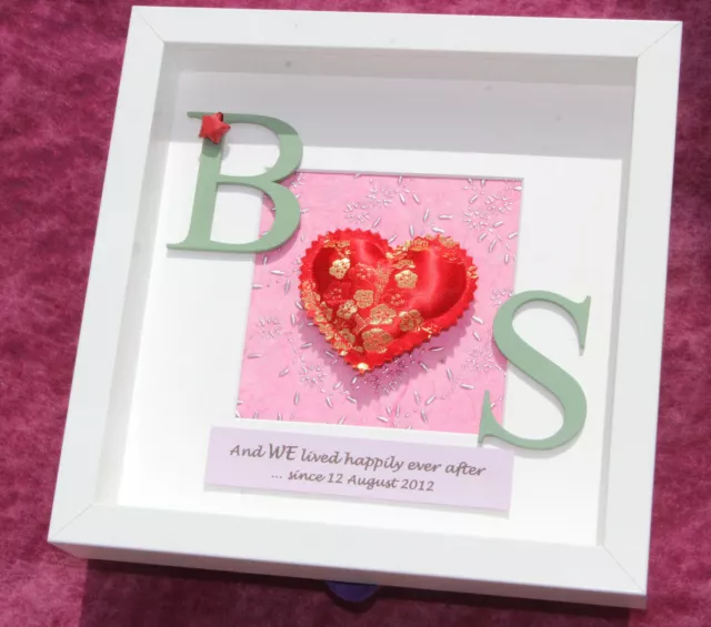 Traditional 4th / 12th silk wedding anniversary gift frame, red silk heart