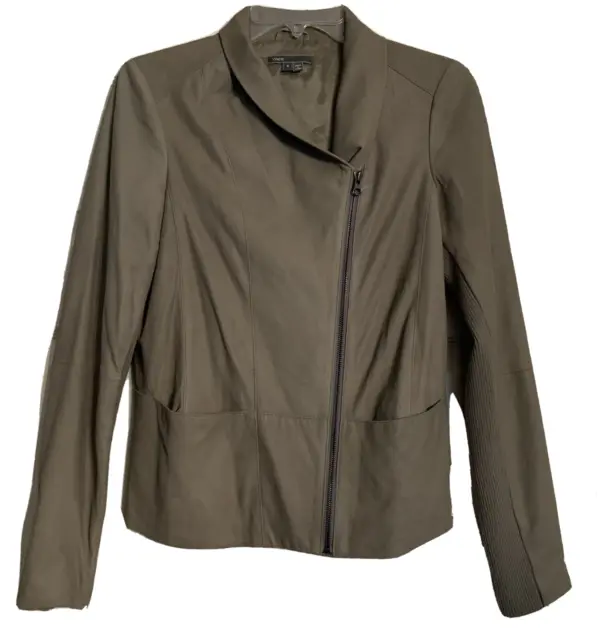 Vince Leather Moto Biker Jacket Asymmetrical Full Zip Pockets Gray Taupe Tan S
