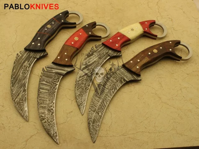 Lot of  4: Handmade Single Edge Damascus Steel Hunting Karambit  Knife