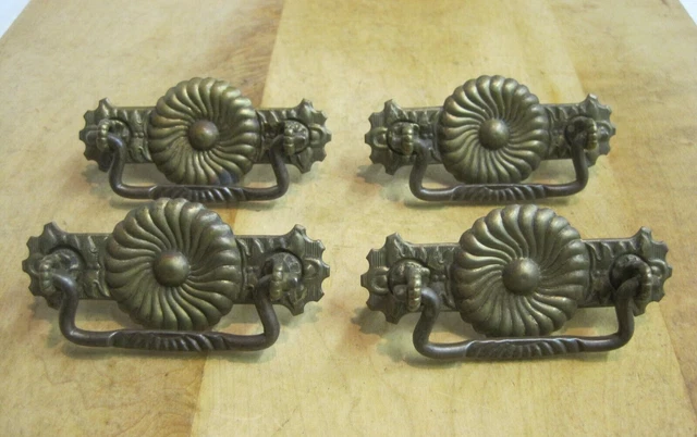 Set 4 Antique Vtg Brass Backplate Dresser Chest Drawer Pulls ~ Flower