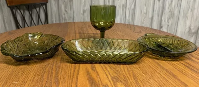 Vintage Green Indiana Avocado Candy, Olive, Goblet, Relish, Lot 4 Pieces