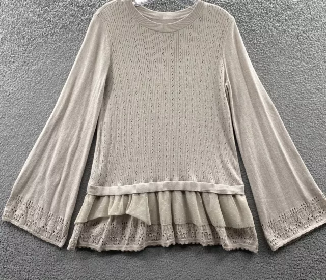 NEW LC Lauren Conrad Womens Medium Tan Cream Sweater Ruffle Bottom Top Ladies