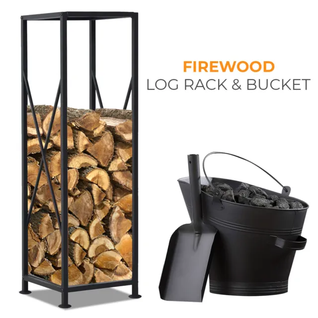 Large Black Firewood Log Rack Storage Holder Metal Shelf Stand Tall Steel Bucket