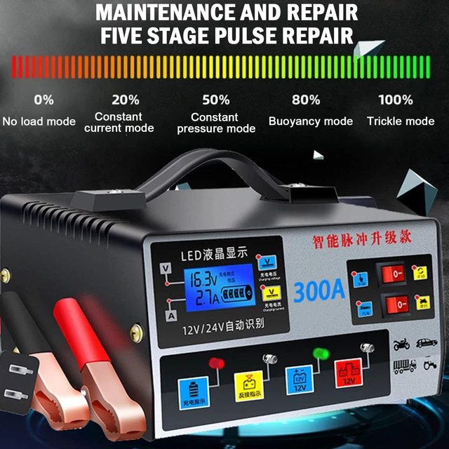 12/24V Heavy Duty Car Truck Battery Charger, 400W Portable Battery Charger Trickle Maintainer Charger Automatic Smart Pulse Repair Battery Charger for Motorcycles Vans and Trucks Dual Mode
