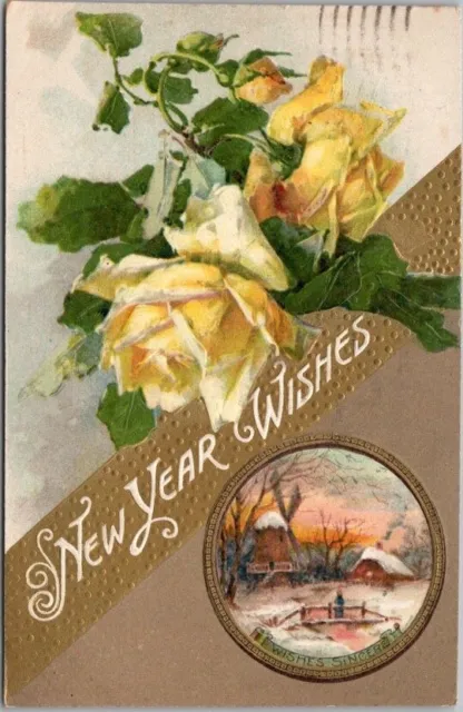 1909 "NEW YEAR WISHES" Embossed Postcard House & Windmill Scene / Yellow Roses