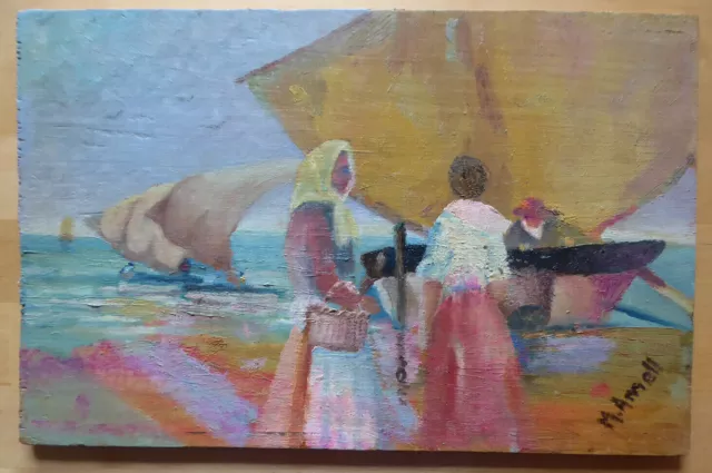 Tableau Peinture à Huile de Petite Taille Signé Femme au Marché Poisson MD1