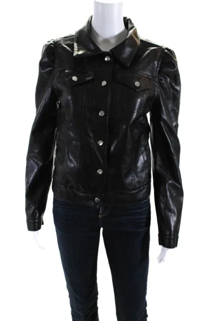 Aqua Womens Faux Leather Collared Button Up Jacket Black Size Small