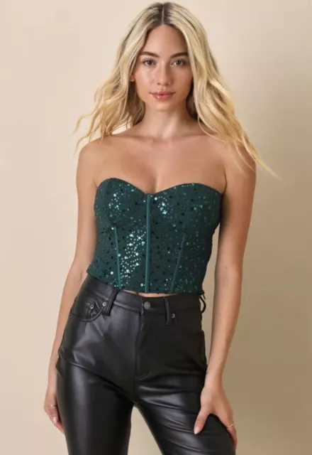 NWT Lulus Sultry Radiance Emerald Green Sequin Strapless Bustier Crop Top - L