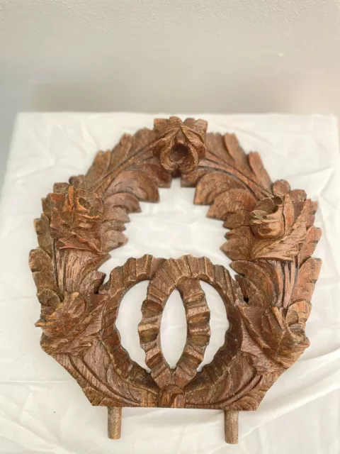 French Antique Wood Pediment Crest Salvage Finial Carved 1800s Wreath 8 ½” Rose