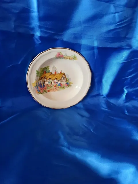 Two butter, jam, pin or trinket dishes - Cottage scene and Crinoline lady 2