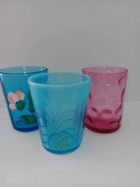 Northwood tumblers SEt of 3 blue opalescent drapery, cranberry coin victorian 