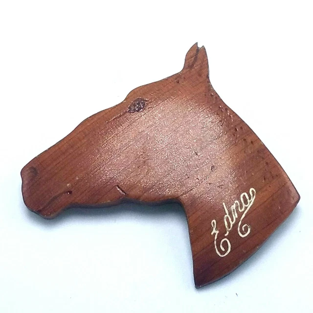 Vtg Handmade Wood Horse Head Folk Art Pinback "Edna" 3 1/2" x 3 1/4"