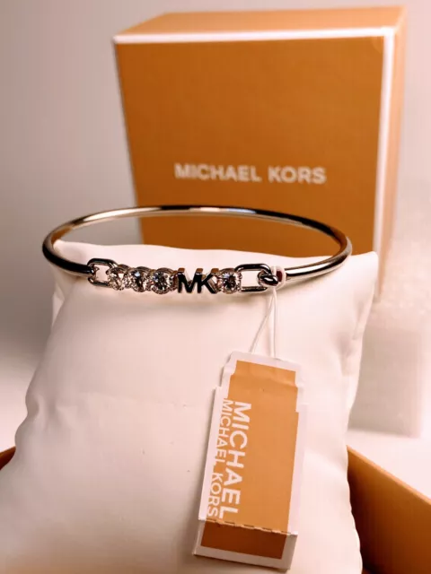 Michael Kors MK Logo Silver Stainless Steel Bracelet Crystals Bangle Hinge NEW