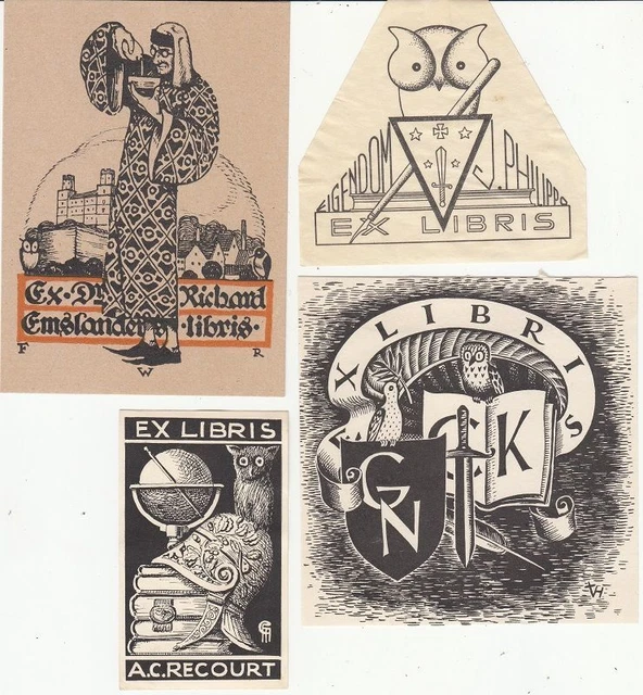 4 Exlibris Bookplate Konvolut Lot Eulen 4 Akt