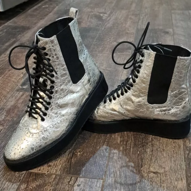 Shellys London Silver Crackle Platform Wedge Boots Womens Size 8.5