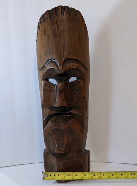 VTG MCM 18” Wooden Hawaiian God Tiki Bar Wall Mask Hanging Art Hand Carved 