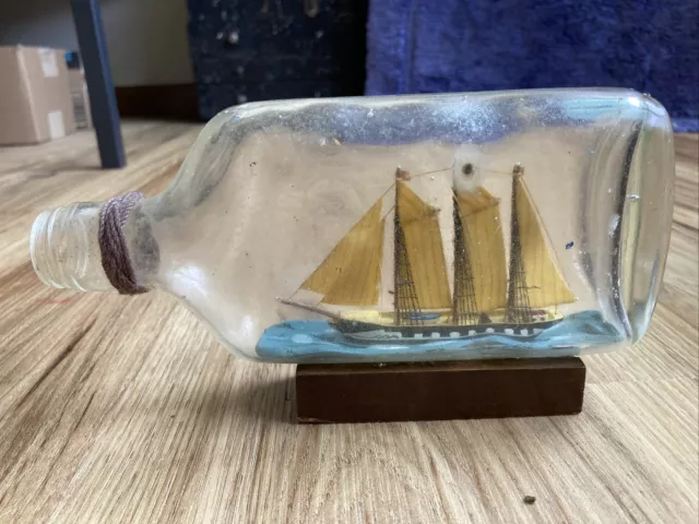 Vintage Ship in a Bottle Thick Glass Bubbles Wood Base Desk Art 7.5X4”