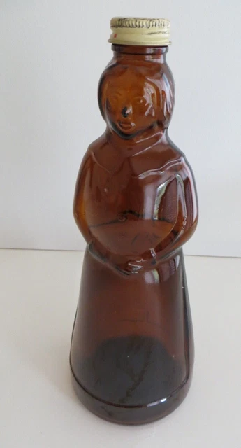 Vintage MRS BUTTERWORTH  10” Amber / Brown GLASS Syrup BOTTLE with METAL LID